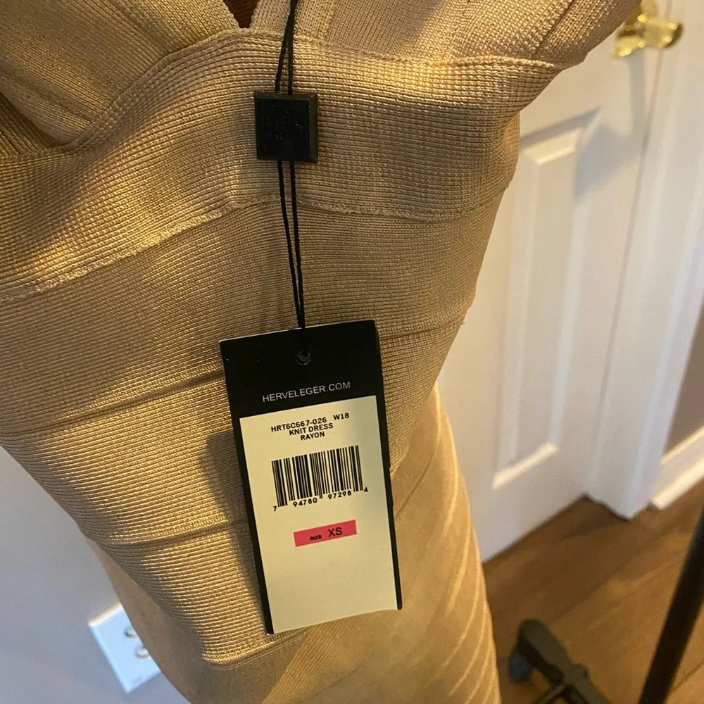 Herve Leger Champagne Gold Foil Knit Dress - Picture 5 of 13